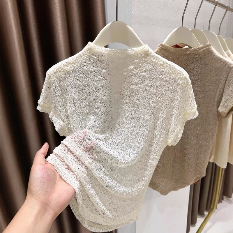 2025 Summer Half Lace Short-Sleeved T-Shirt Women's Half Turtleneck Top Ancora Red Blouse Mesh Bottoming Shirt Inner Wear