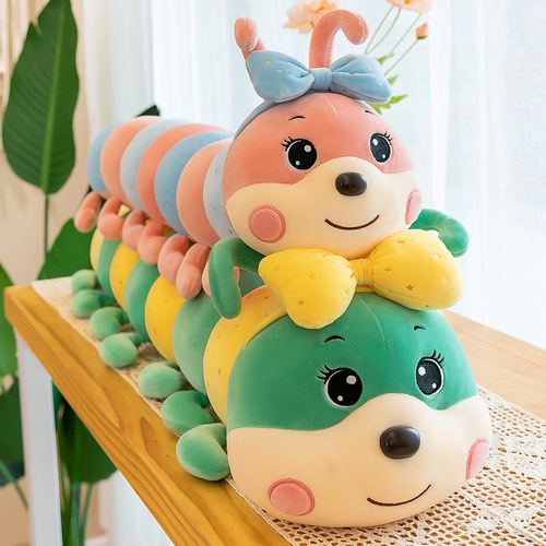 Cartoon bow caterpillar long pillow plush toy cute bug sleeping holding leg doll