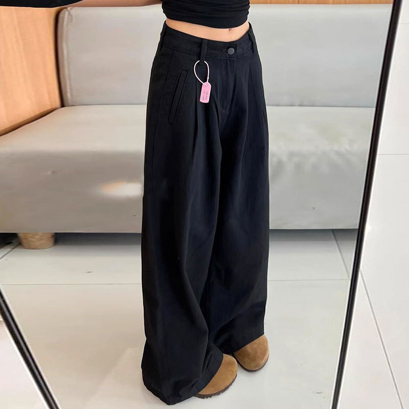 New Style Black Plus-Size Loose-Fitting Women's Jeans with a Textured Design That Conceals Imperfections, Floor-Length Wide-Leg Straight Pants
