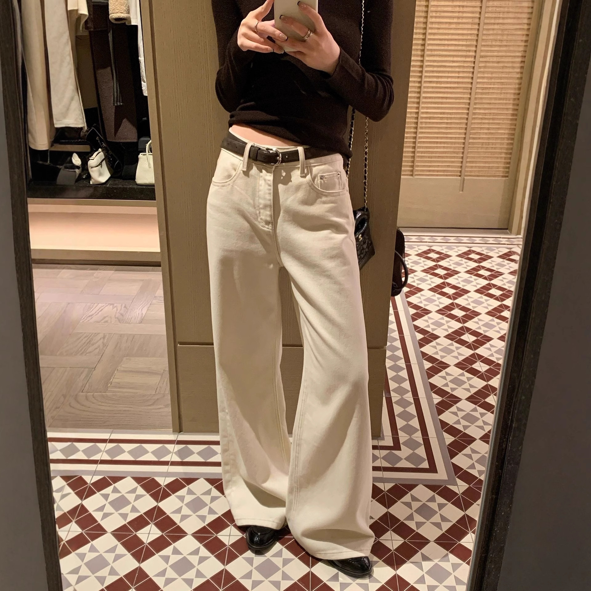 Black Bean Snowline Beacon* Beige Denim Jeans for Women, Autumn Slimming Versatile Slightly Wide Floor-Length Pants with Belt