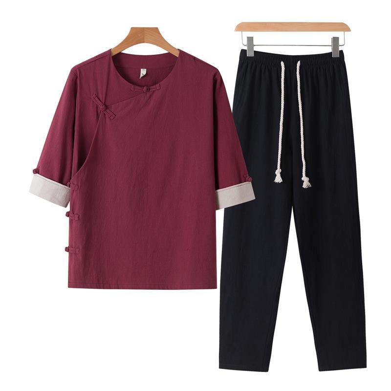 Factory wholesale 2023 Chinese style summer seven sleeve Hanfu suit men's ancient cotton and linen buckle two-piece men's clothing