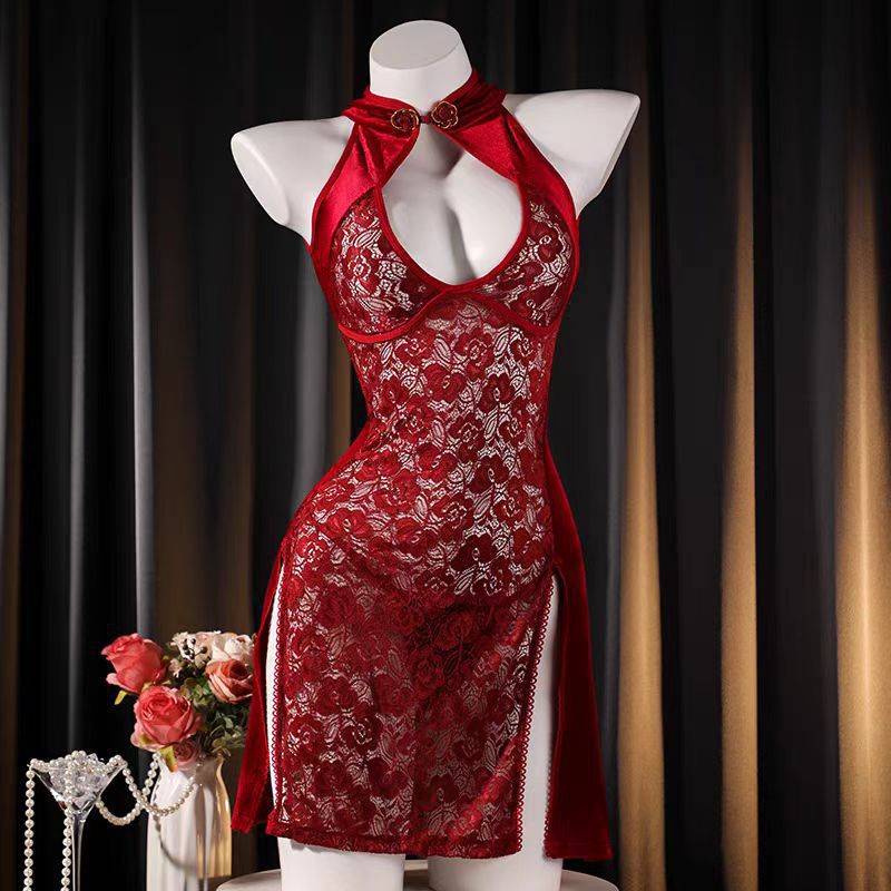 Red rose cheongsam sexy scheming hollow high slit halterneck dress…