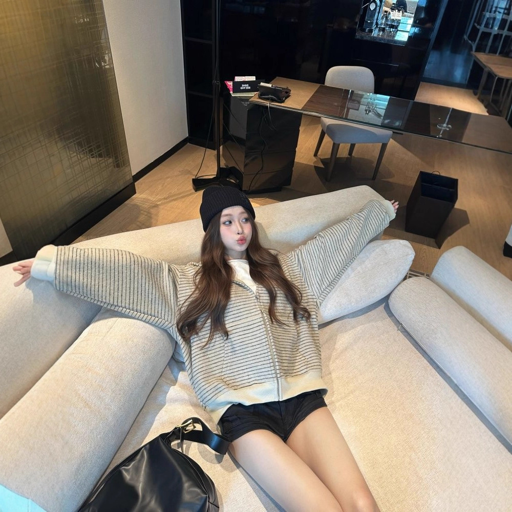 慵懒条纹连帽卫衣外套女拉链开衫韩版宽松设计百搭显瘦上衣斑马纹