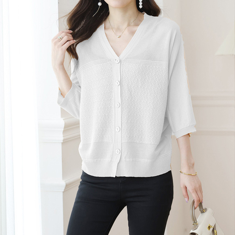 Textured Jacquard High-End V-Neck Three-Quarter Sleeve Knitted Cardigan for Women, New Spring/Summer Style, Loose Fit, Slimming, Versatile, Simple Top Textured Jacquard High-End V-Neck Three-Quarter Sleeve Knitted Cardigan for Women, New Spring/Summer Style, Loose Fit, Slimming, Versatile, Simple Top