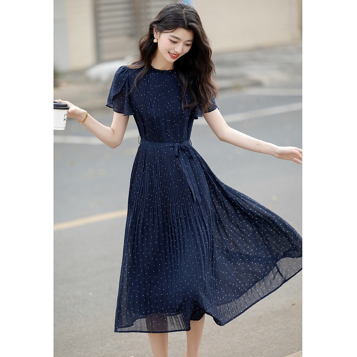 Đầm suông midi chấm bi xanh dây thắt eo — màu xanh chi tiết 2