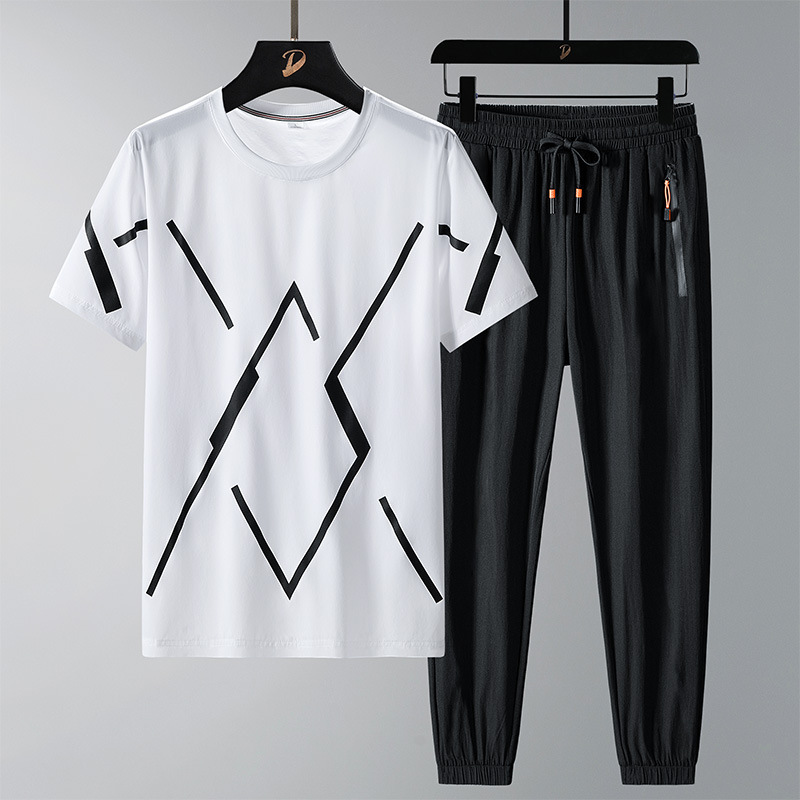 Gran tamaño de ropa de hombre de verano traje deportivo casual hombre camiseta de cuello redondo impresión de tendencia de dos pantalones largos