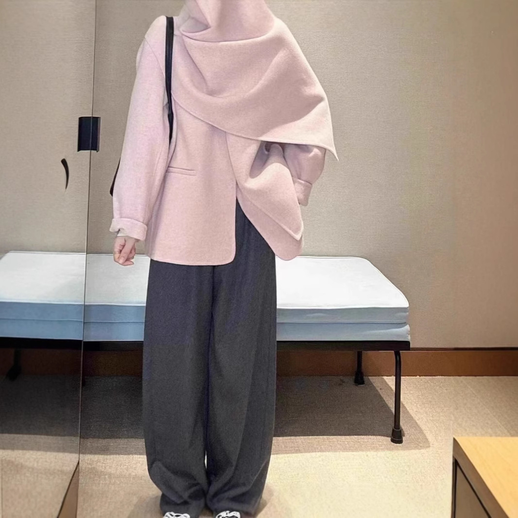 2024 뉴 컬러 핑크 양면 캐시미어 스카프 케이프코트 여성용 짧은 양면 도랑 우아한 코트
