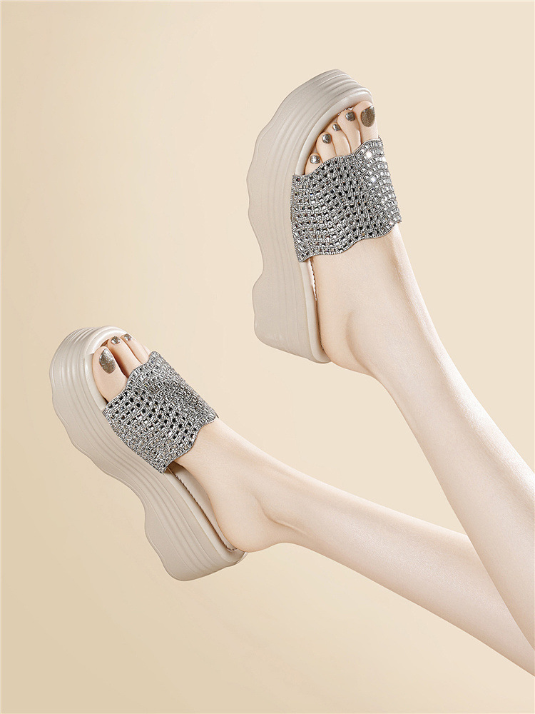 Sandal nữ đế dày đính đá lấp lánh phong cách thời trang — 6075 Màu be, 6075 Da đen chi tiết 19
