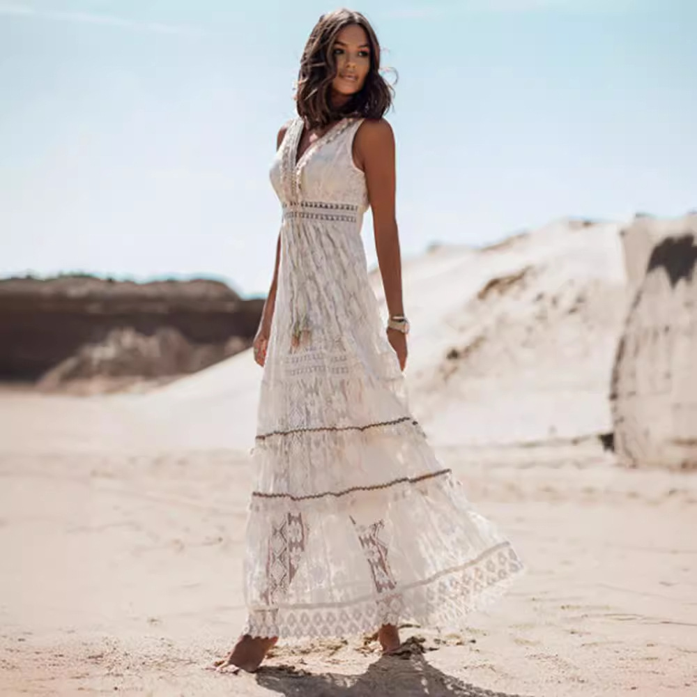 2023 Summer Bohemian Long Cross-Border Independent Station Hot-Selling Women's Lace Patchwork Flared Dress_voghion.com