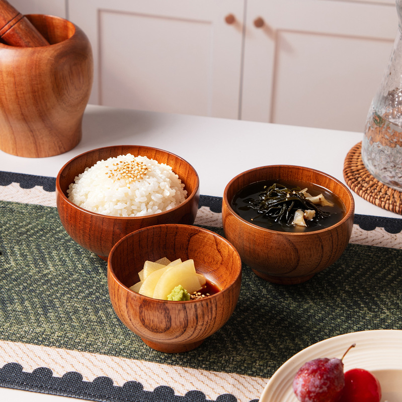 Multi-size jujube wood round bowls, Japanese-style household rice bowls, solid wood instant noodle bowls, hotel-style retro Korean kimchi bowls, small size