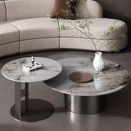 意式轻奢潘多拉岩板茶几极简不锈钢大小圆形简约客厅茶几边几组合