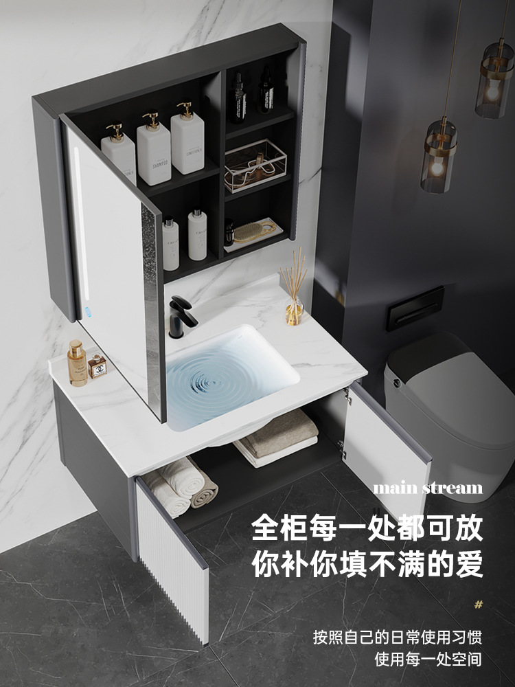 Gabinete de baño de lujo luz lavabo combinación baño integrado lavabo de cerámica mesa de lavado piscina iluminación inteligente espejo gabinete