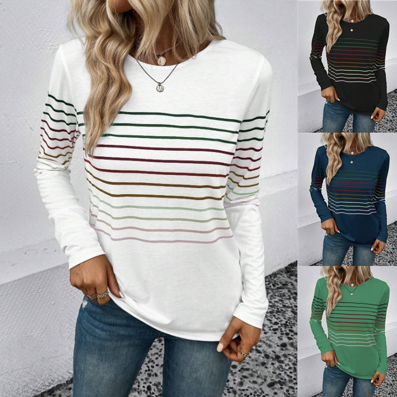Cross-border Amazon 2023 autumn and winter European and American new fashion striped printed round neck long sleeve T-shirt for women