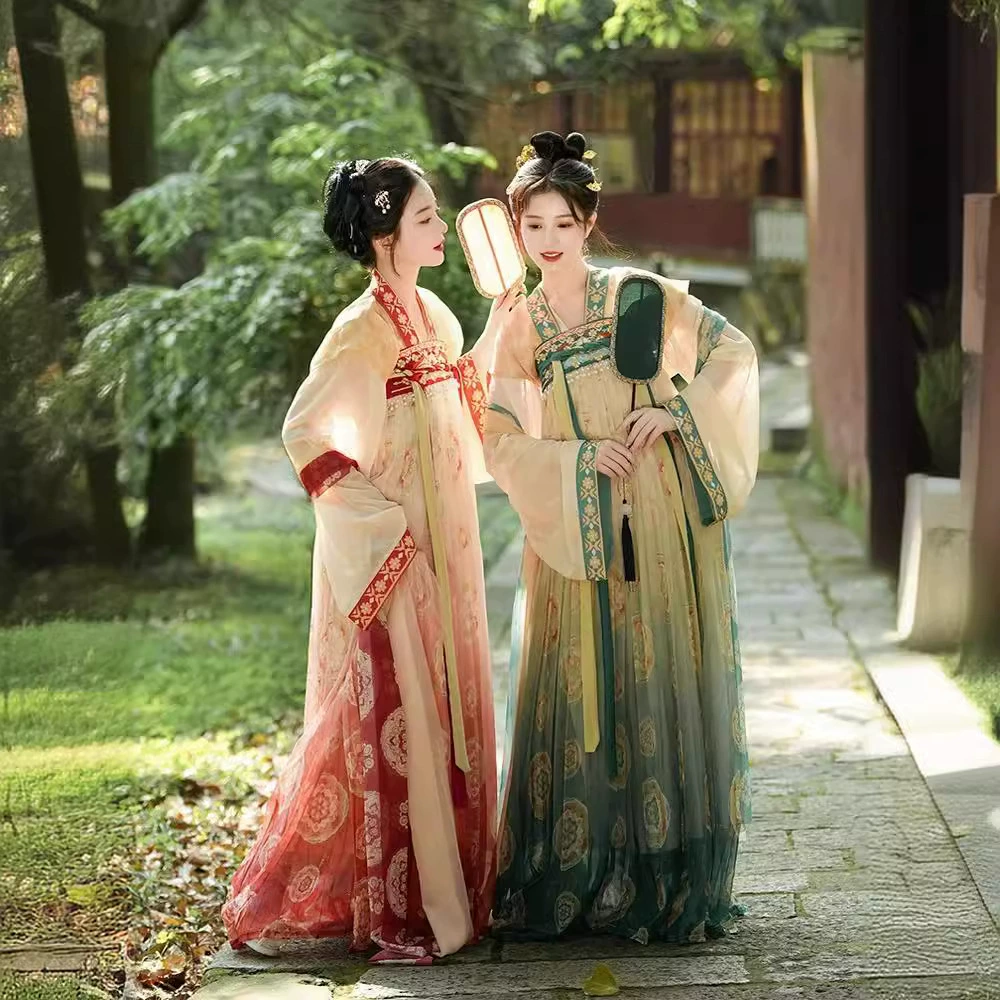 Оригинальный ханьфу 2025 года, новый стиль [Восстановление времён династии Тан], топ в стиле Тан с короткими рукавами, юбка до груди с вышивкой, улучшенная модель для повседневной летней носки.