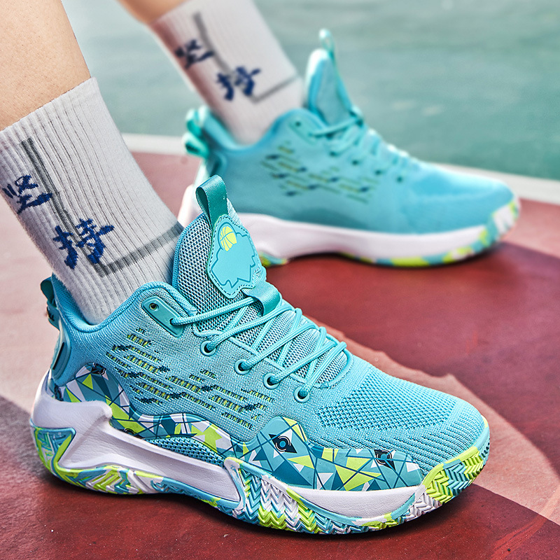 Zapatos transfronterizos para hombre, zapatos de baloncesto de punto con mosca, zapatos deportivos de verano de caña alta, zapatos de entrenamiento para estudiantes jóvenes de camuflaje de malla de moda image 5