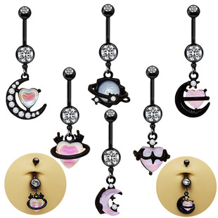 Gabe Europe and the United States cross-border black series moon navel ring heart-shaped magic glass navel nail navel ring belly ring