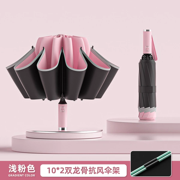 Pink [10 bones 2+1 fiber strands automatic] reverse umbrella + reflective strips