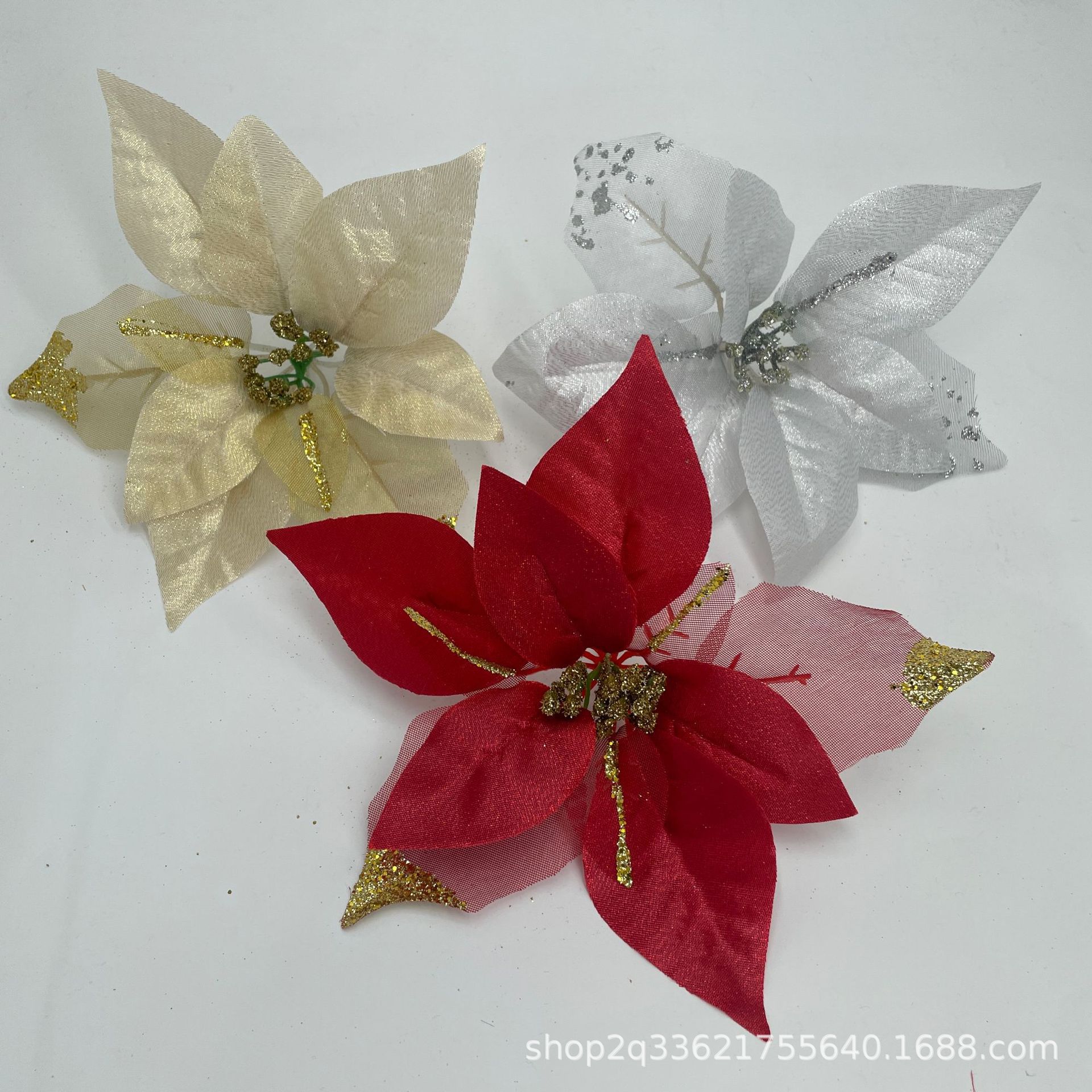 Decoración de flores de Navidad de imitación de flores accesorios de polvo de oro decoración de tela de tres capas con estampado de oro decoración brillante de ensueño