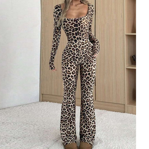 60015 Foreign Trade Cross-border Special Offer 2025 New Products Trendy Slim Hip-Close Square Collar Leopard Print Print European and American Jumpsuits