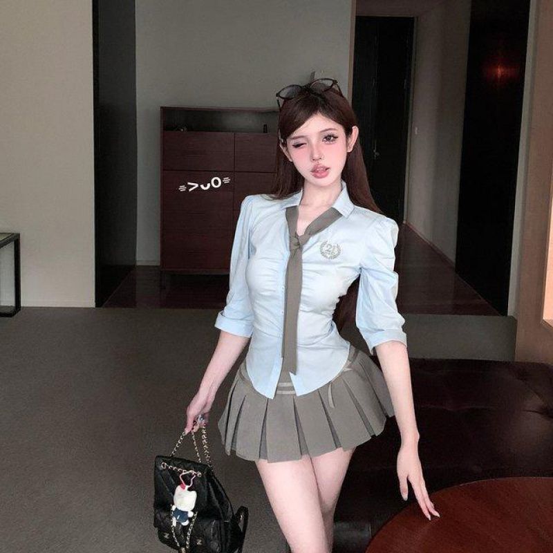 (2개) 유니폼 세트 여성의 여름 욕망 대학 스타일 블루 셔츠 탑 타이트 허리 슬리밍 주름 치마 투피스 세트