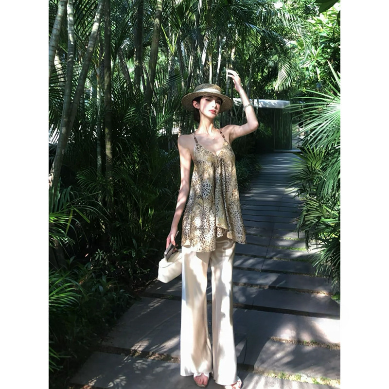 尤美子STAZF7 胖mm纯欲辣妹豹纹挂脖背心女夏气质缎面拖地裤套装|undefined