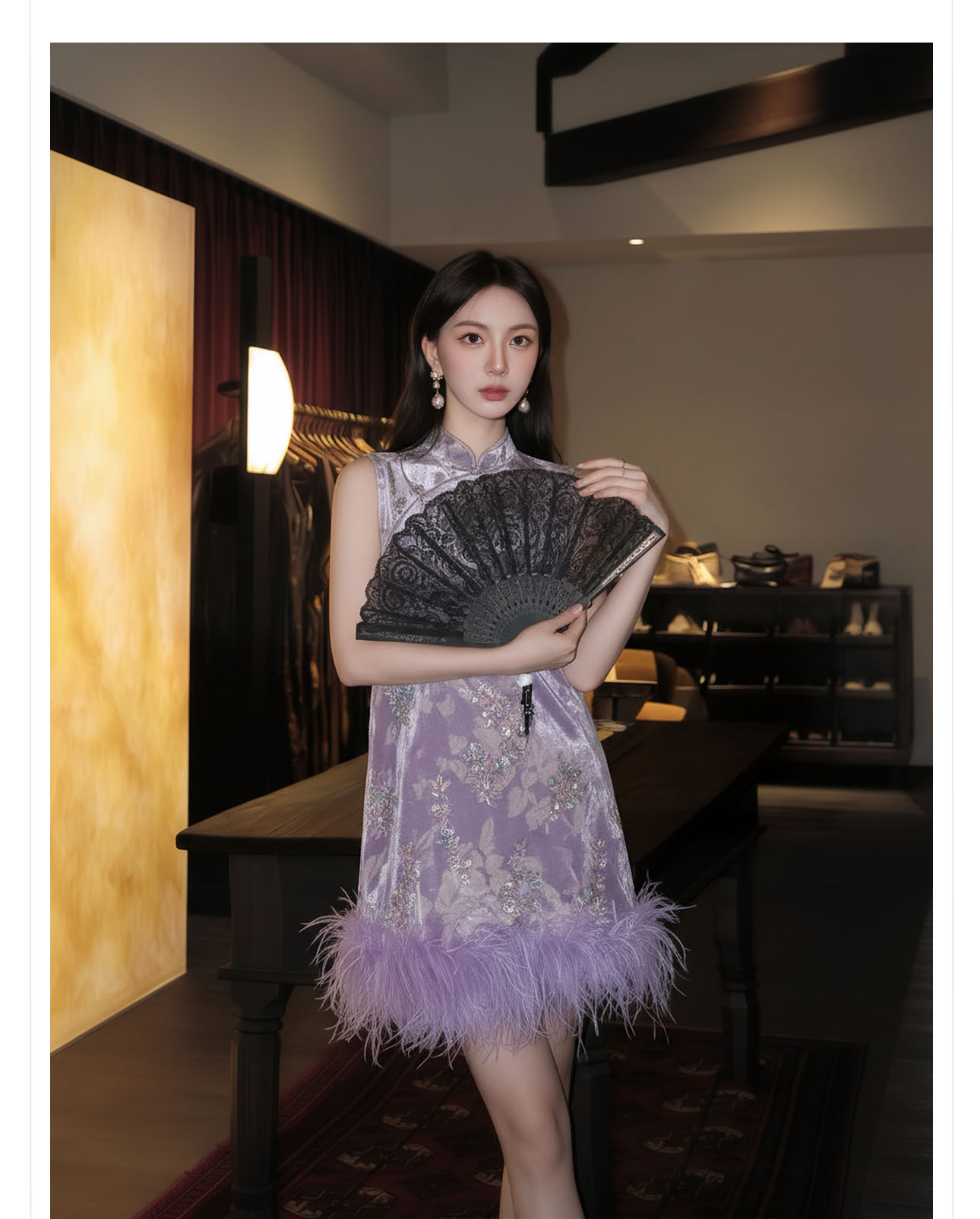 Đầm maxi nữ thắt eo phong cách cổ điển sang trọng kết hợp lông đà điểu và đính sequin thêu — màu tím chi tiết 8
