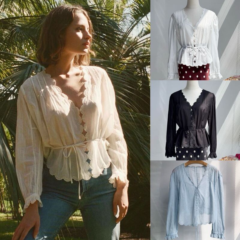 Scallop Embroidery-French Elegant Deep V-Neck Lace Three-Dimensional Embroidery Lightweight Long-Sleeved Cotton Shirt