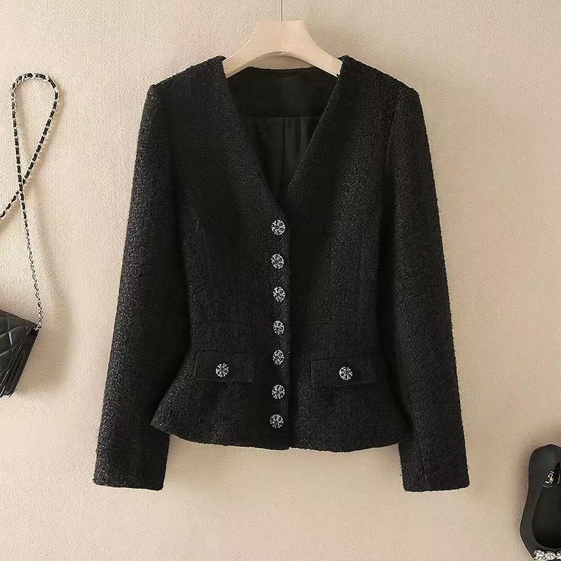 Retro Small Fragrant Woolen Coat Women's Tweed New Spring and Autumn Long-Sleeved Short Top