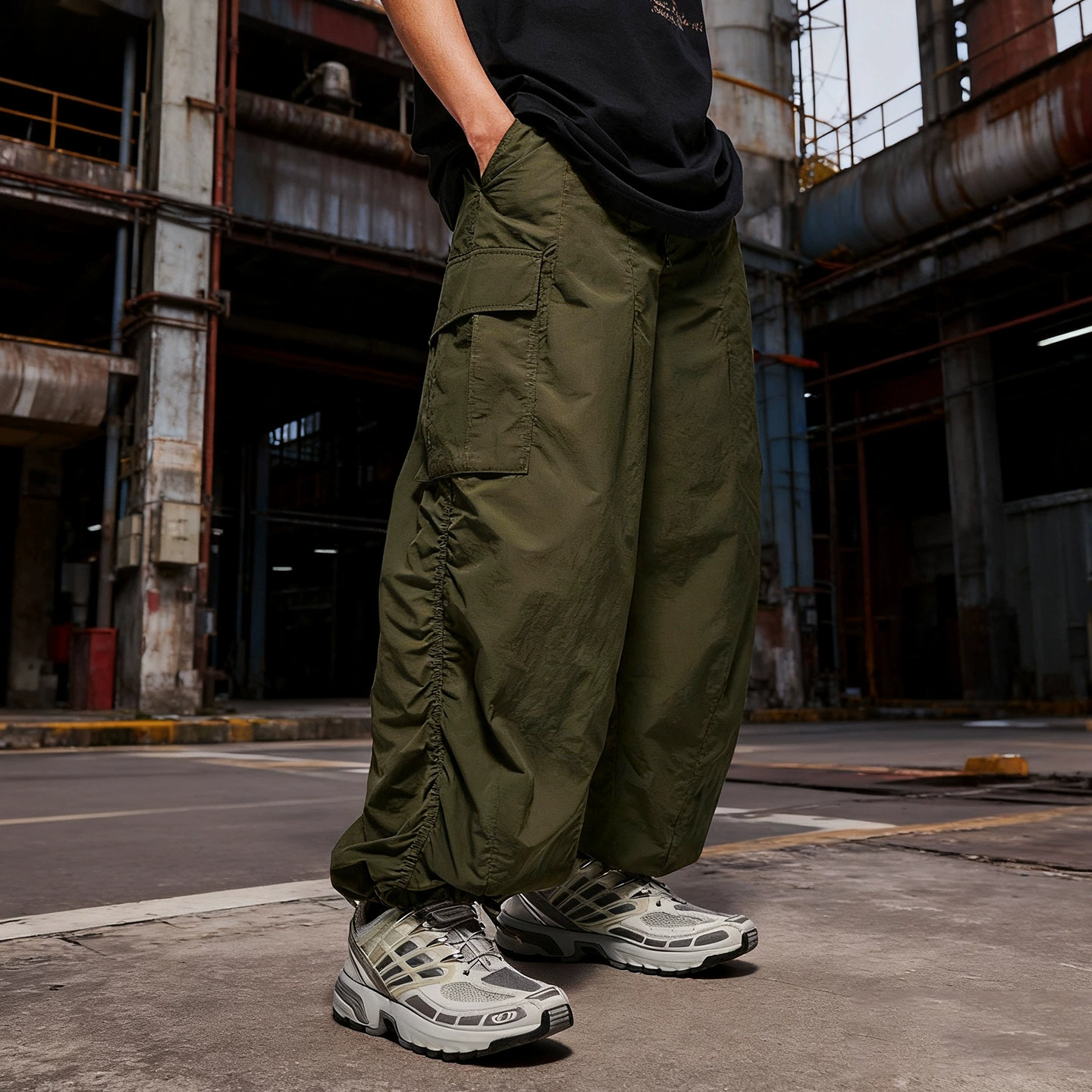 Мужская одежда Jie Zhan | Свободная рабочая одежда в тонкую клетку, широкие брюки, осень 2025 года, модные брендовые стерео брюки с карманами и клапаном, ветровка, повседневные брюки