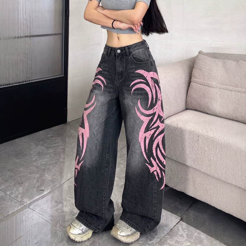 European and American cross-border foreign trade printed Y2K style straight loose wide-leg black versatile washed autumn and winter women's jeans European and American cross-border foreign trade printed Y2K style straight loose wide-leg black versatile washed autumn and winter women's jeans