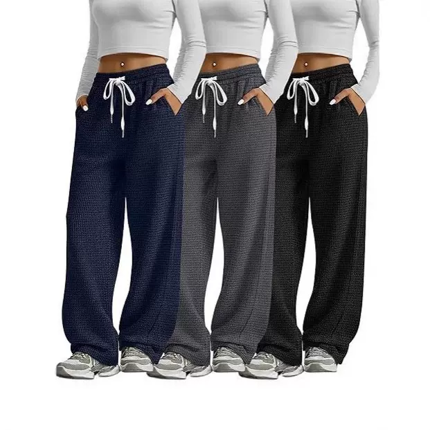 欧美亚马逊百搭休闲长裤宽松高腰抽绳阔腿卫裤