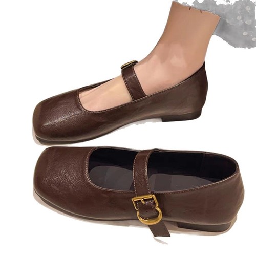Spring New French Square Head Elegant Flat Slip-On Retro Slim Open-Toe Leather Shoes Soft Sole Mary Jane Shoes
