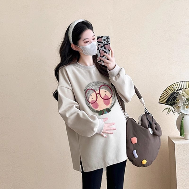 2025년 신상 임부복 봄 가을 투피스 슈트 패셔너블 한국식 비임신 상의 임산부 밀크티 컬러 스웨터