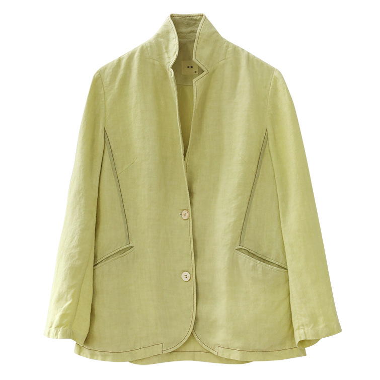 2025 New Autum Hemp Hemp Flat Lapel Long-Sleeved Suit Jacket with Contrasting Color Line Small Suit Suit
