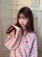 韩系粉色条纹爱心长袖卫衣女秋季2025新款宽松慵懒风无帽圆领上衣