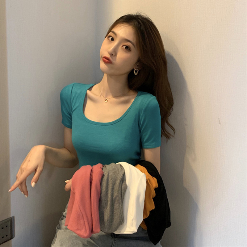 베이스 셔츠 여성용 2023 여름 크로스 보더 반팔 티셔츠 여성용 한국식 슬림핏 배꼽 탑 여성복 엄격한 선택