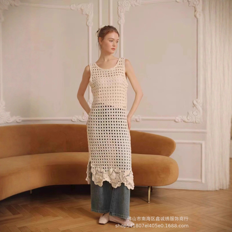 French Crochet Hollow Sleeveless Outer Vest Dress Women's Vertical Straight Long Skirt with High Quality Mesh Texture
