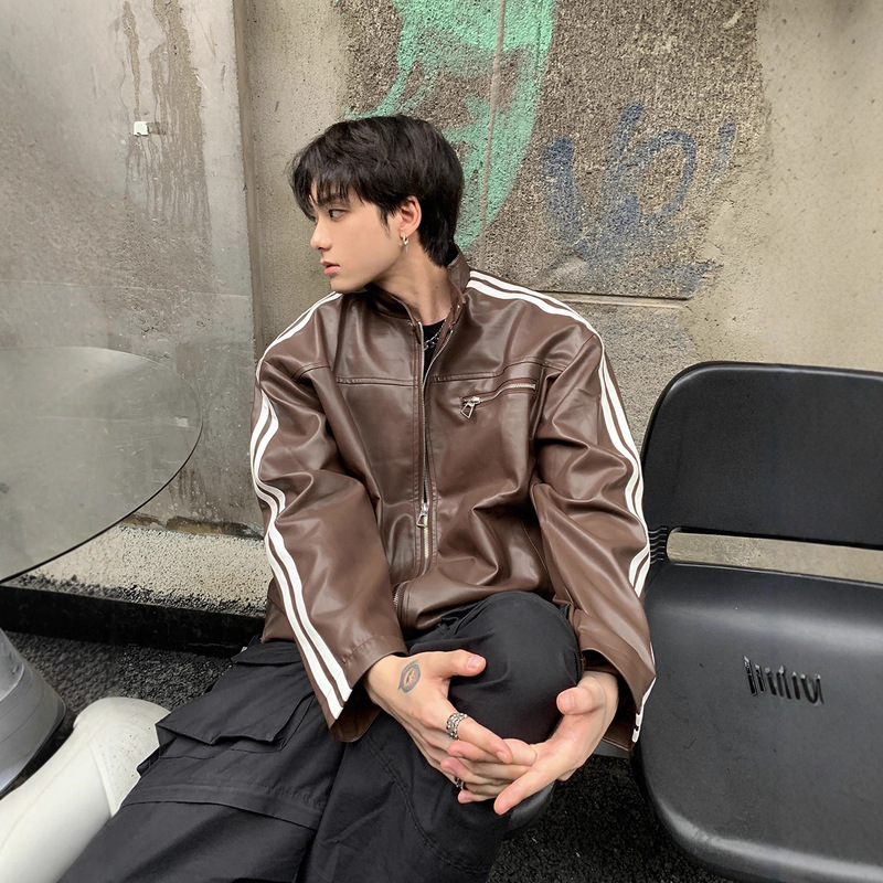 美式复古条纹廓形美拉德皮衣外套男春秋季设计感高级感正肩PU夹克|undefined