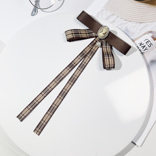 British Retro Thai School Uniform Bow Tie Women's Jewelry Plaid Alloy Ribbon Coffee Brown Bow Brooch Pin