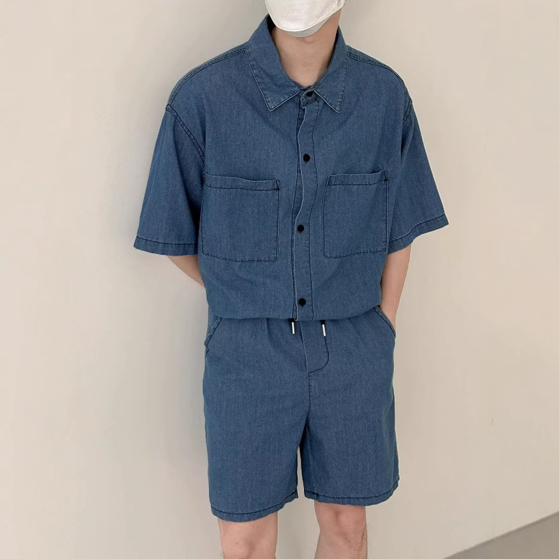Summer Pure Cotton Denim Suit Men's Handsome Washed Two-Piece Work Clothes Short-Sleeved Shirt Five-Quarter Pants Casual and Versatile Summer Pure Cotton Denim Suit Men's Handsome Washed Two-Piece Work Clothes Short-Sleeved Shirt Five-Quarter Pants Casual and Versatile