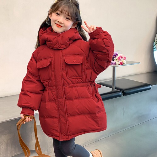 Children's winter coats, down-filled cotton jackets, 2024 new fashionable red cotton coats for little girls, winter cotton jackets