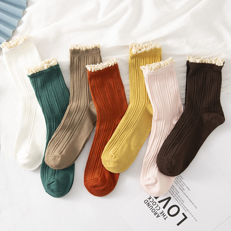 Women's Korean-Style Mid-Calf Socks, Spring and Autumn Style, Trendy Ins-Style Japanese Fashion Lace Heel Protectors