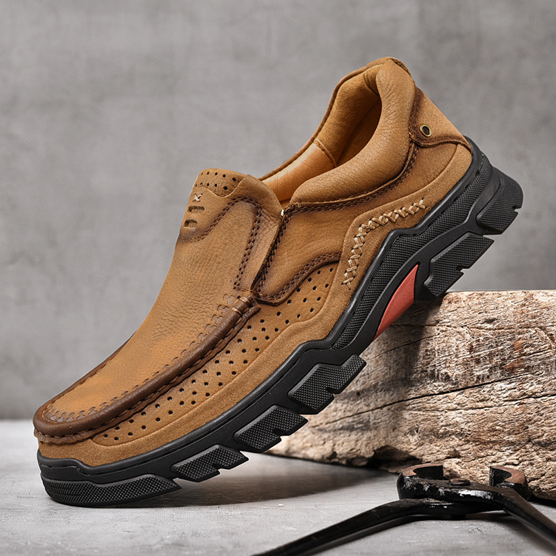 跨境男鞋大碼真皮戶外休閒防滑頭層牛皮一腳蹬男士皮鞋爸爸鞋