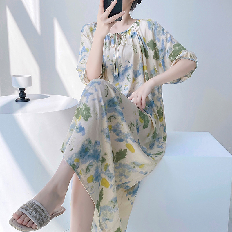 Short-sleeved Cotton Silk Nightgown Women's Spring and Summer Printed Pajamas Loose-fit plus size Long Outer-wear High-end Style Home Clothes