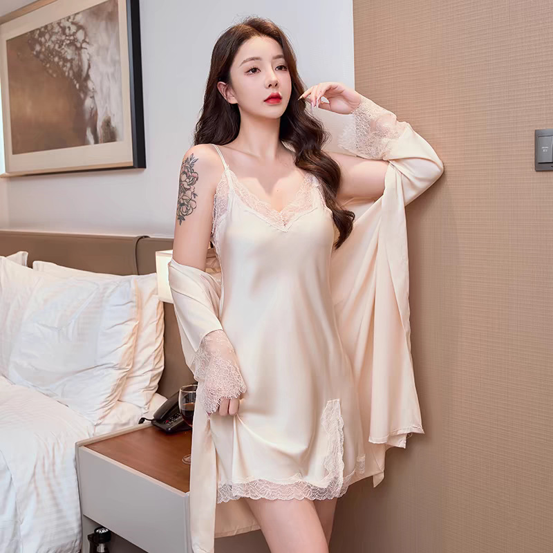 Sexy Pajamas for Women in Summer, Ice Silk 2024 Lace Slit Camisole Nightdress, Spring and Autumn Style, Breathable and Cool