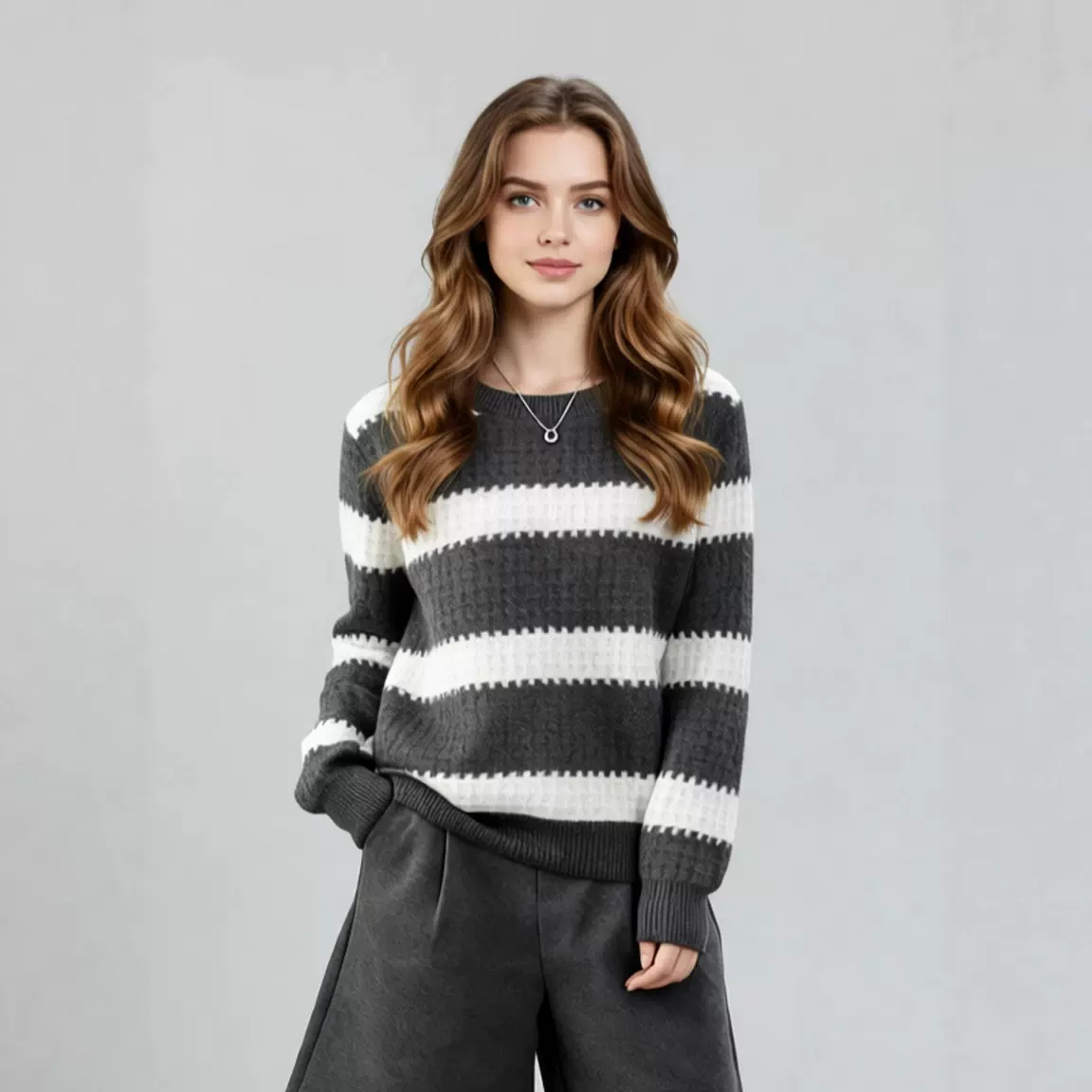 秋冬羊绒新品简约条纹撞色100%羊绒衫女套头简约拼色圆领针织羊绒