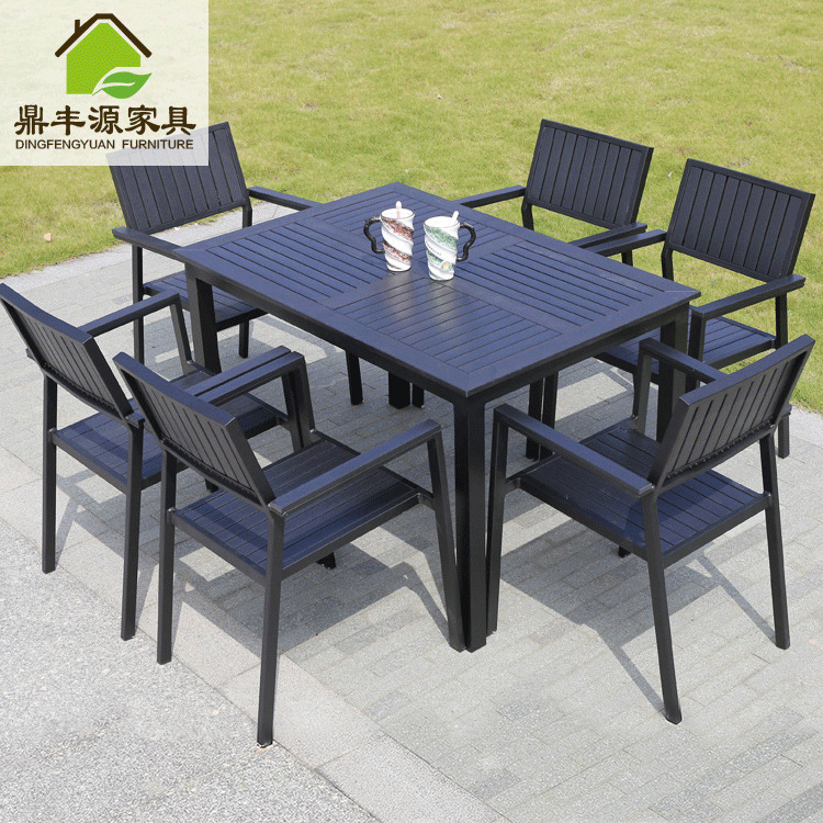 Outdoor anti-corrosion furniture plastic wood table and chair six-piece garden garden restaurant cafe casual plastic wood long table