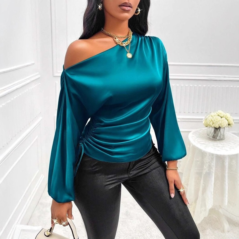 Amazon Cross-Border European and American New Women's Satin Shirt Spring and Summer Asymmetrical Long-Sleeved Slope Collar Shirt Top Amazon Cross-Border European and American New Women's Satin Shirt Spring and Summer Asymmetrical Long-Sleeved Slope Collar Shirt Top