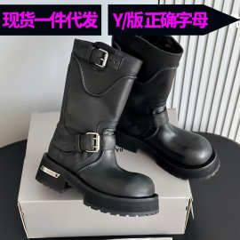 巴黎毒液马丁靴水洗牛皮机车短靴女复古街头暗黑风增高厚底中筒靴