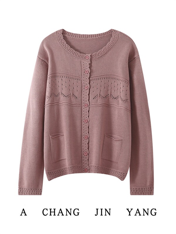 2026 Autumn and Winter New Cotton Lace Round Neck Knitted Cardigan Long-Sleeved Women's Hollow-Out Loose Top Jacket with Pockets